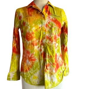 Women Top Size Small Yellow Tie Dye Button Down Office Hippie Colorful Bold Work